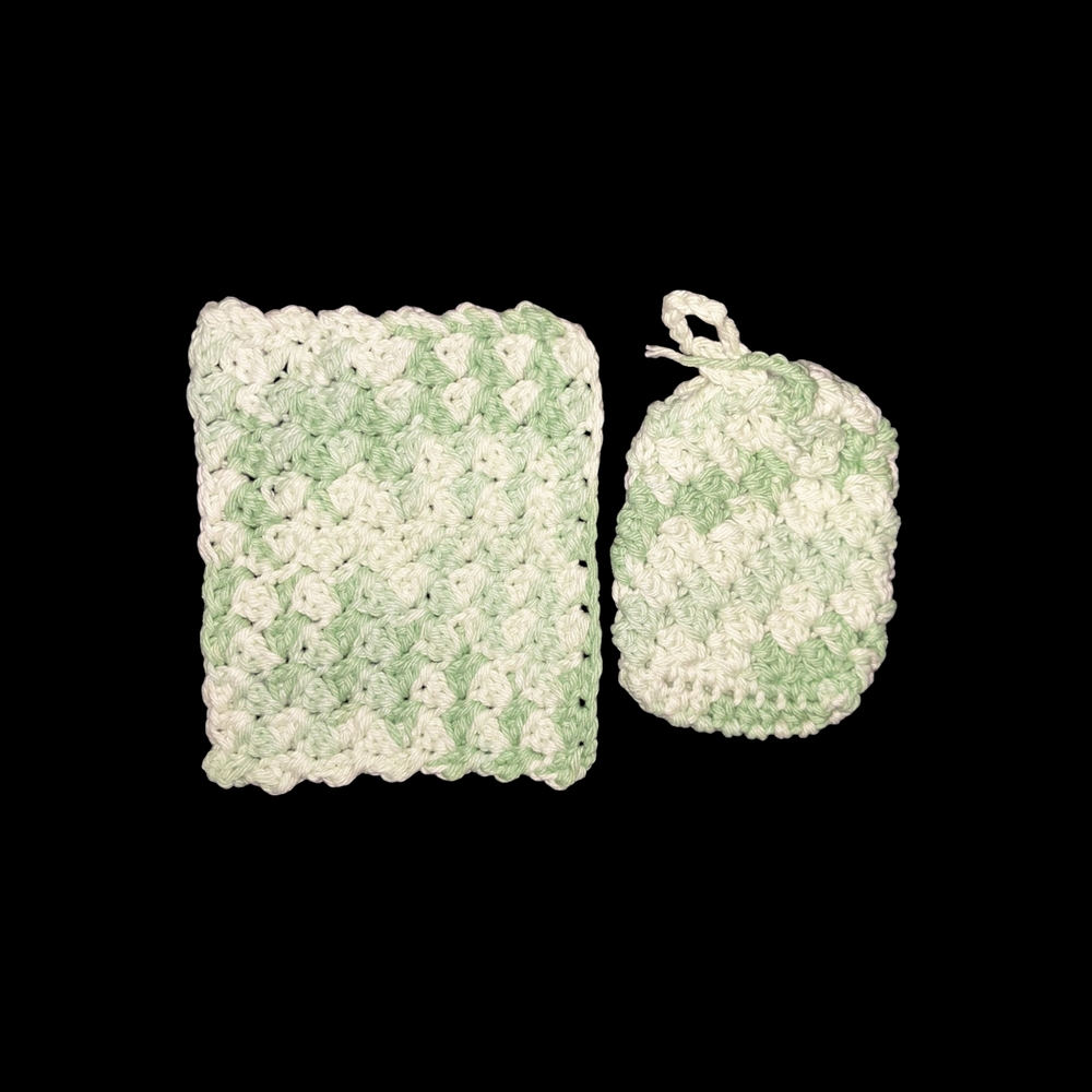Hand Crafted Green and White Wash Cloth Set